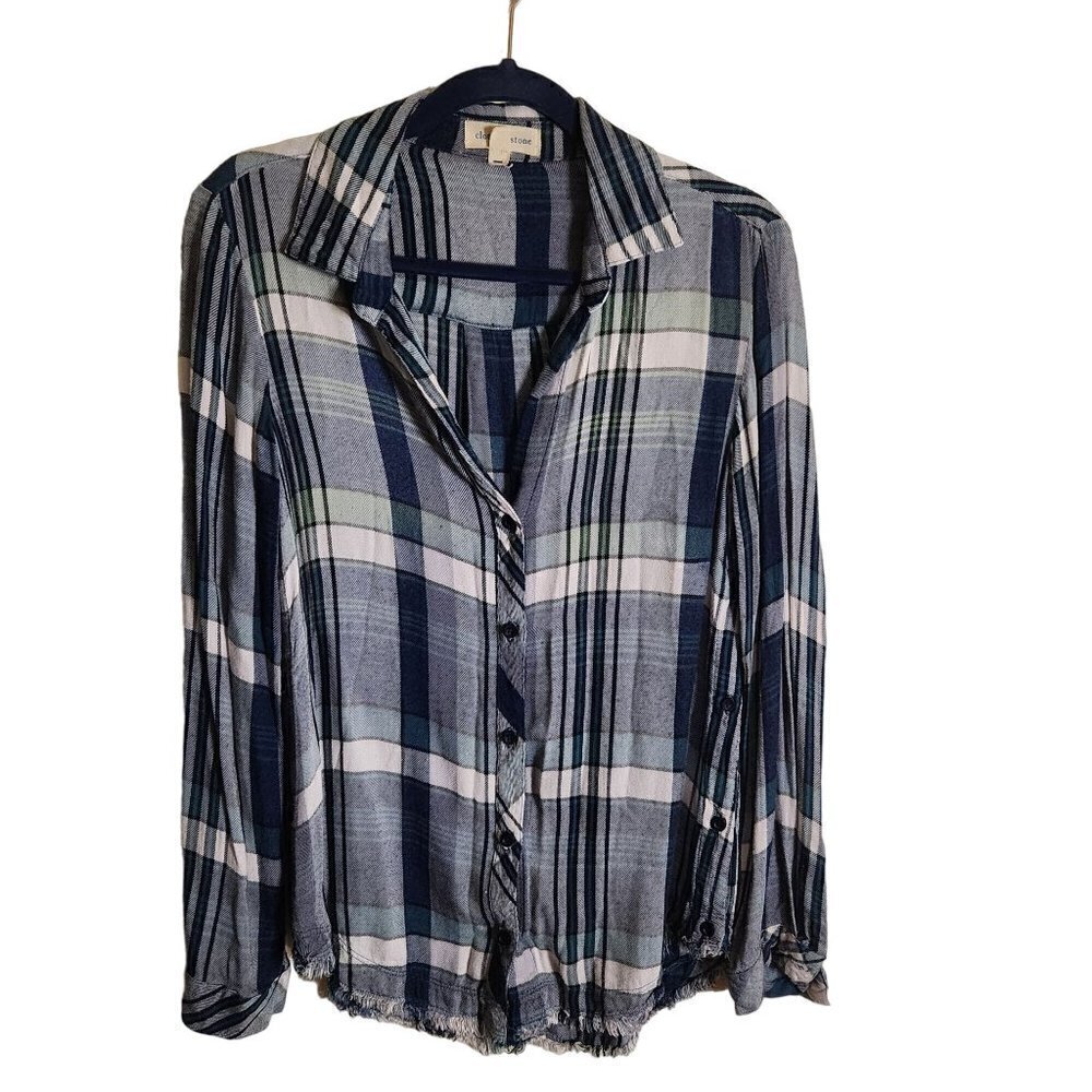 Anthropologie Cloth & Stone Blue Green Plaid Button Down Shirt Size XS